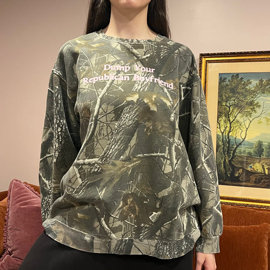 DUMP YOUR REPUBLICAN BOYFRIEND camo crewneck with pink text (XL)