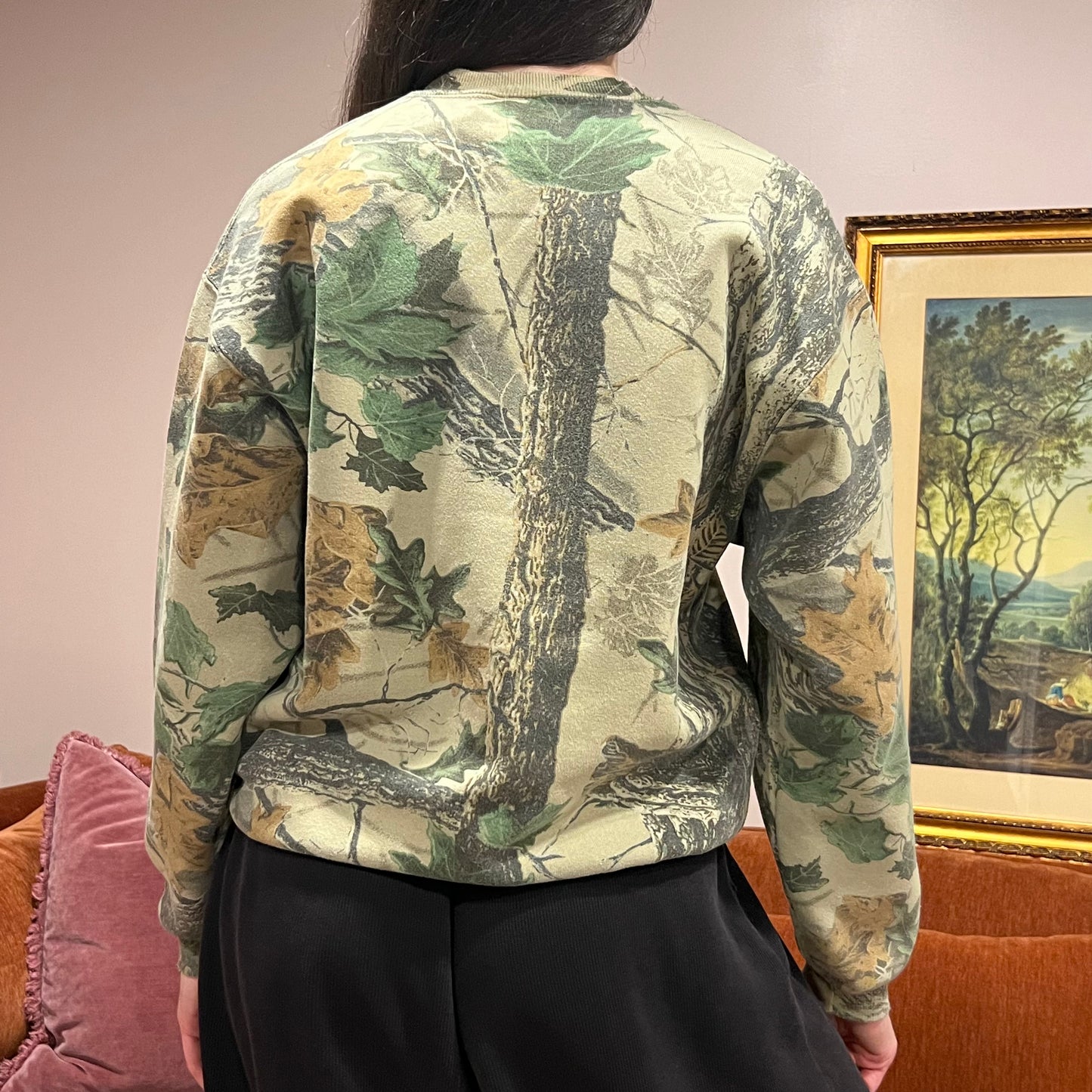 DIVORCE YOUR REPUBLICAN HUSBAND camo crewneck with orange text (M)