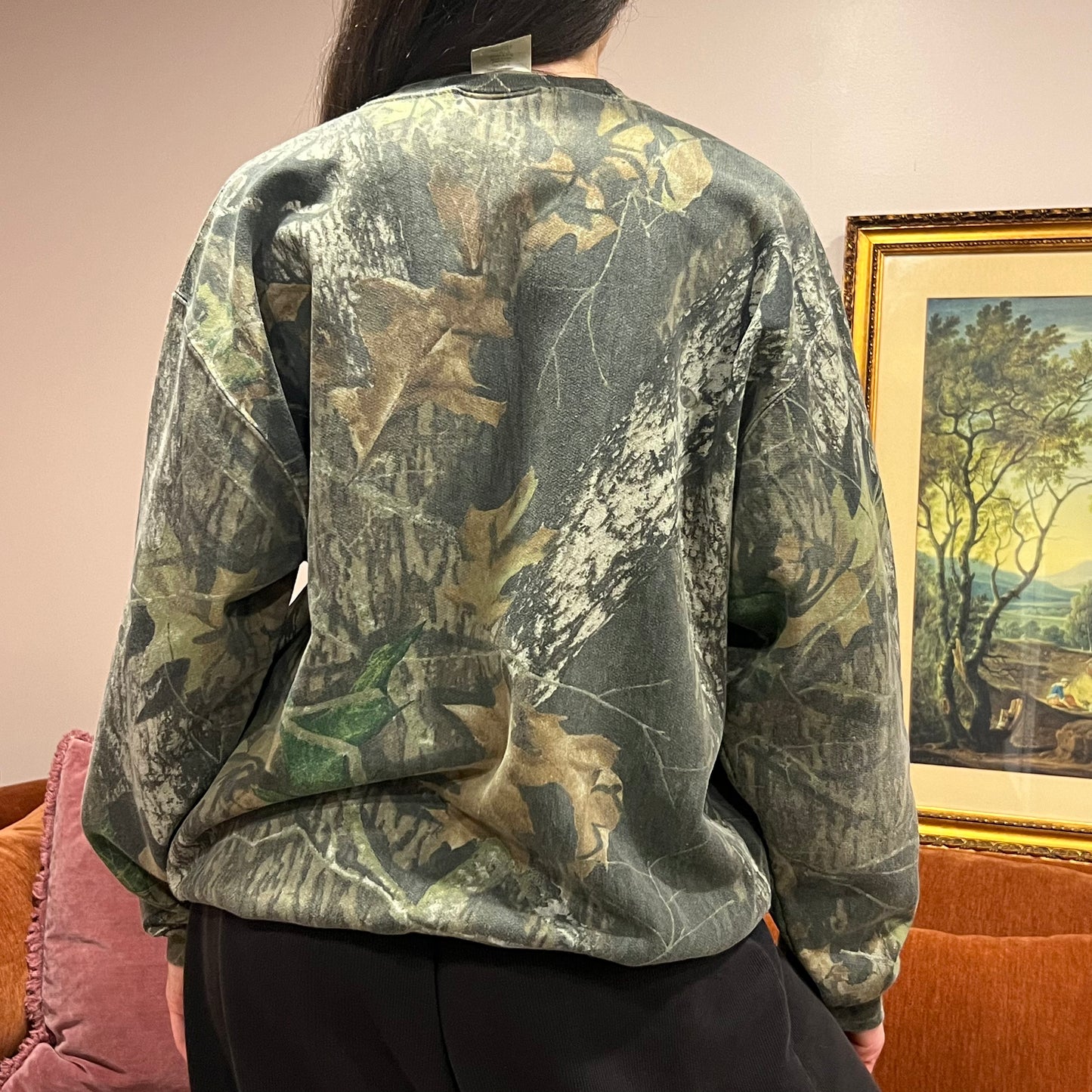 DIVORCE YOUR REPUBLICAN HUSBAND camo crewneck with orange text (L)