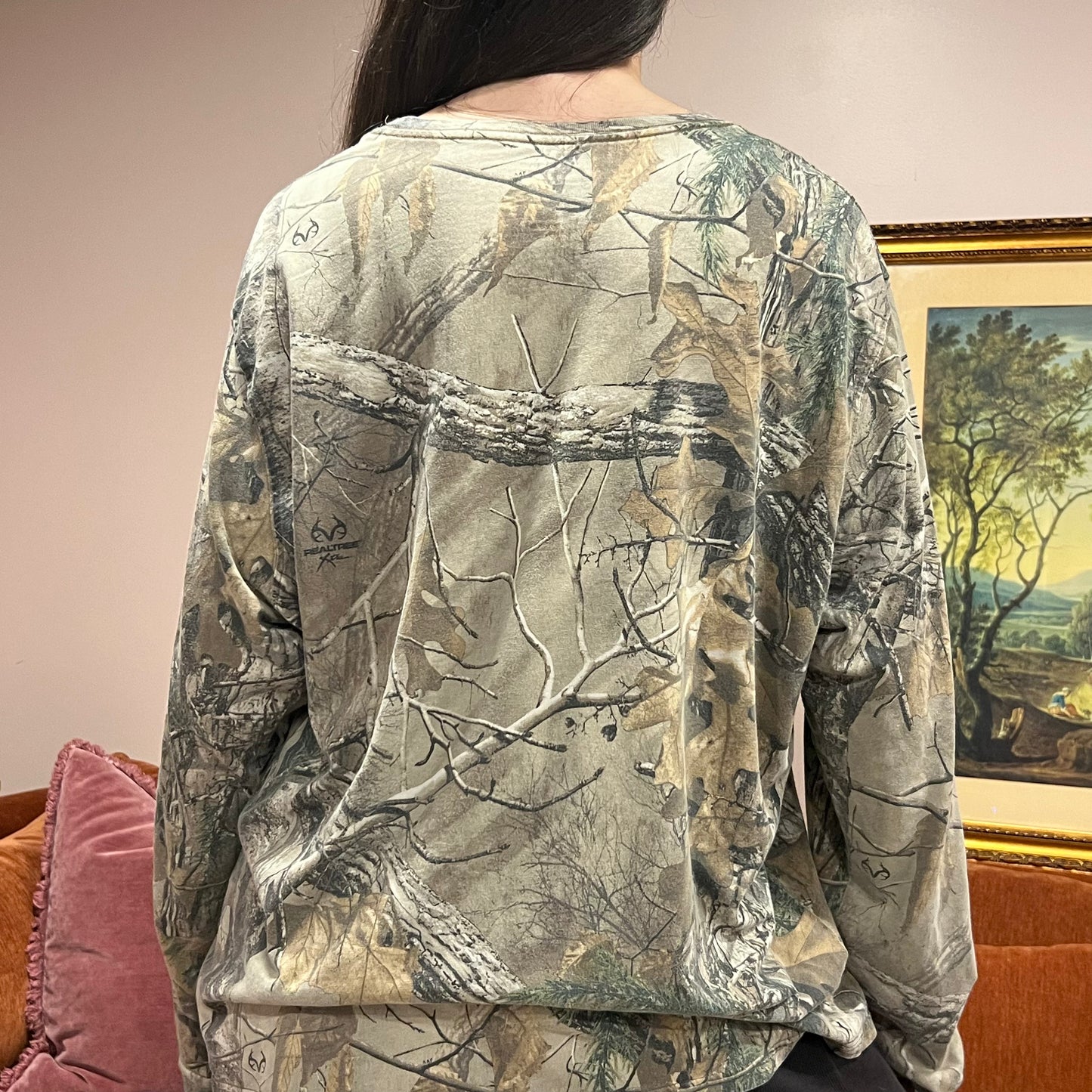 DIVORCE YOUR REPUBLICAN HUSBAND camo long sleeve t-shirt with orange text (2XL)
