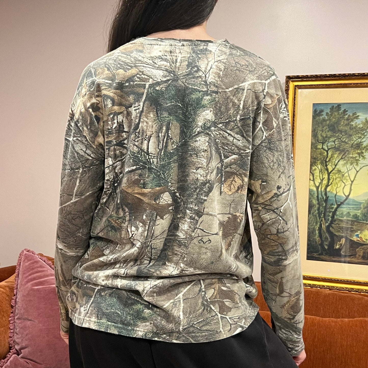 DIVORCE YOUR REPUBLICAN HUSBAND camo long sleeve t-shirt with orange text (L)