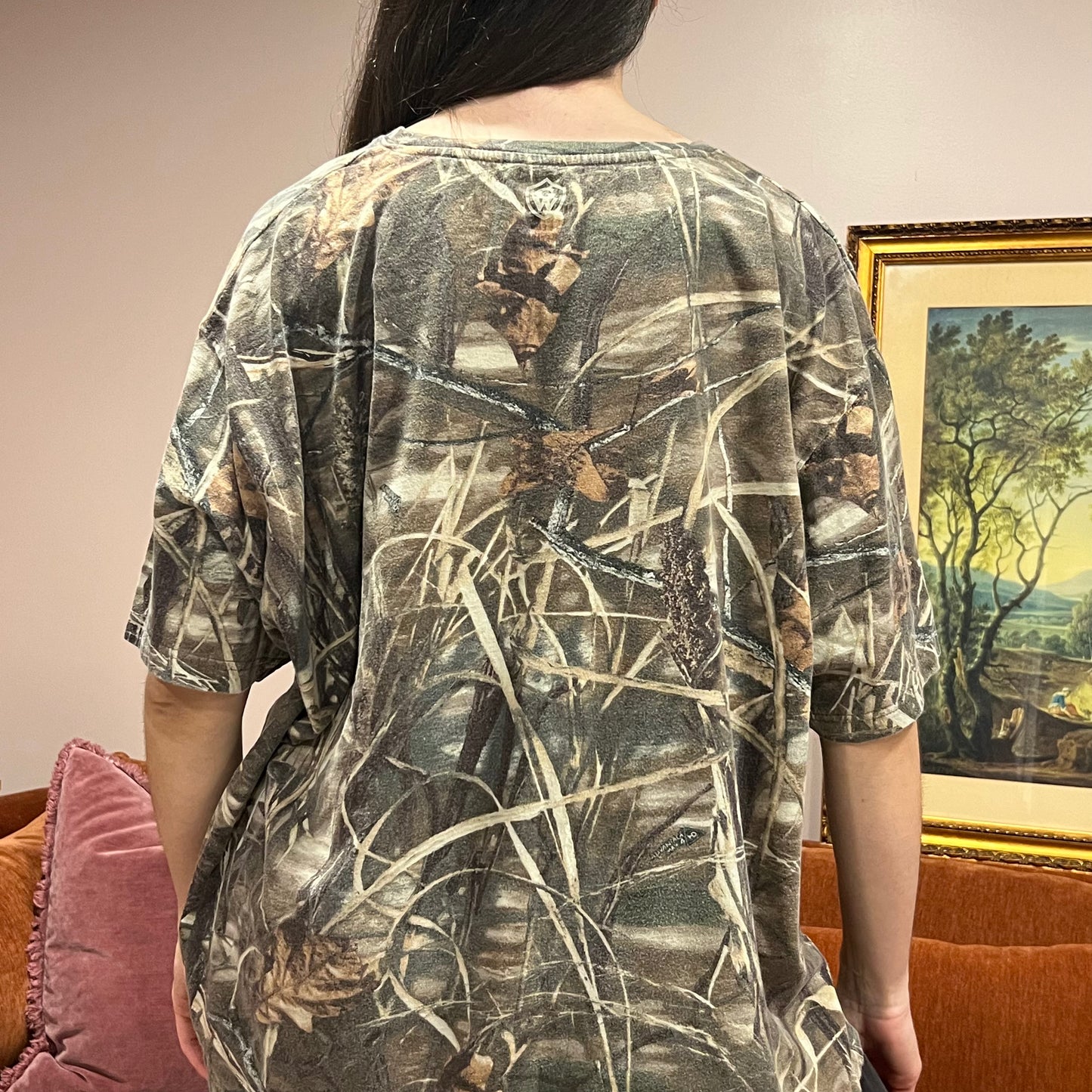 DIVORCE YOUR REPUBLICAN HUSBAND camo t-shirt with orange text (2XL)