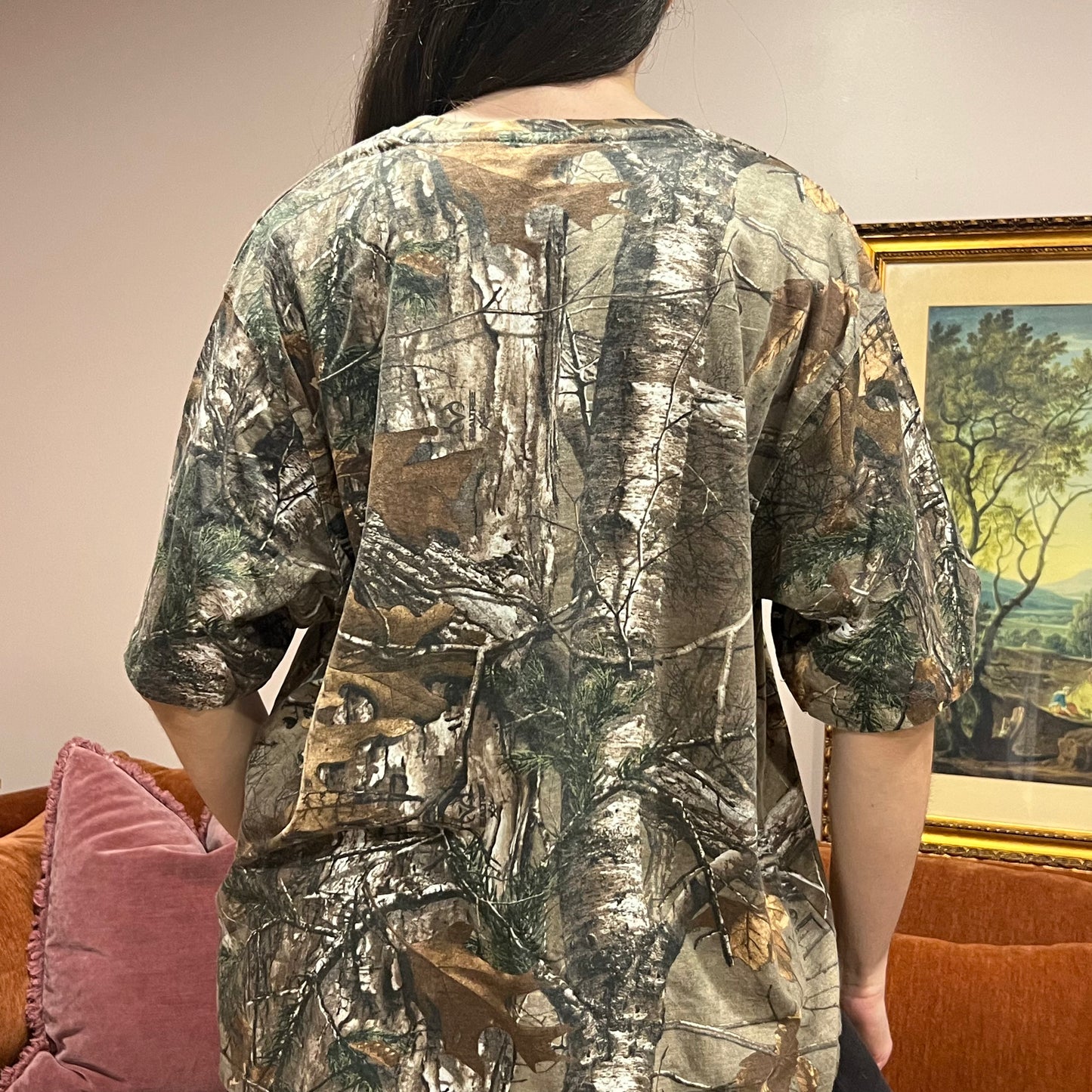 DIVORCE YOUR REPUBLICAN HUSBAND camo t-shirt with orange text (XL)