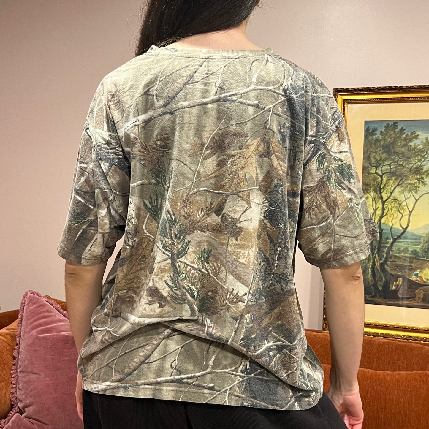 DIVORCE YOUR REPUBLICAN HUSBAND camo t-shirt with orange text (XL)