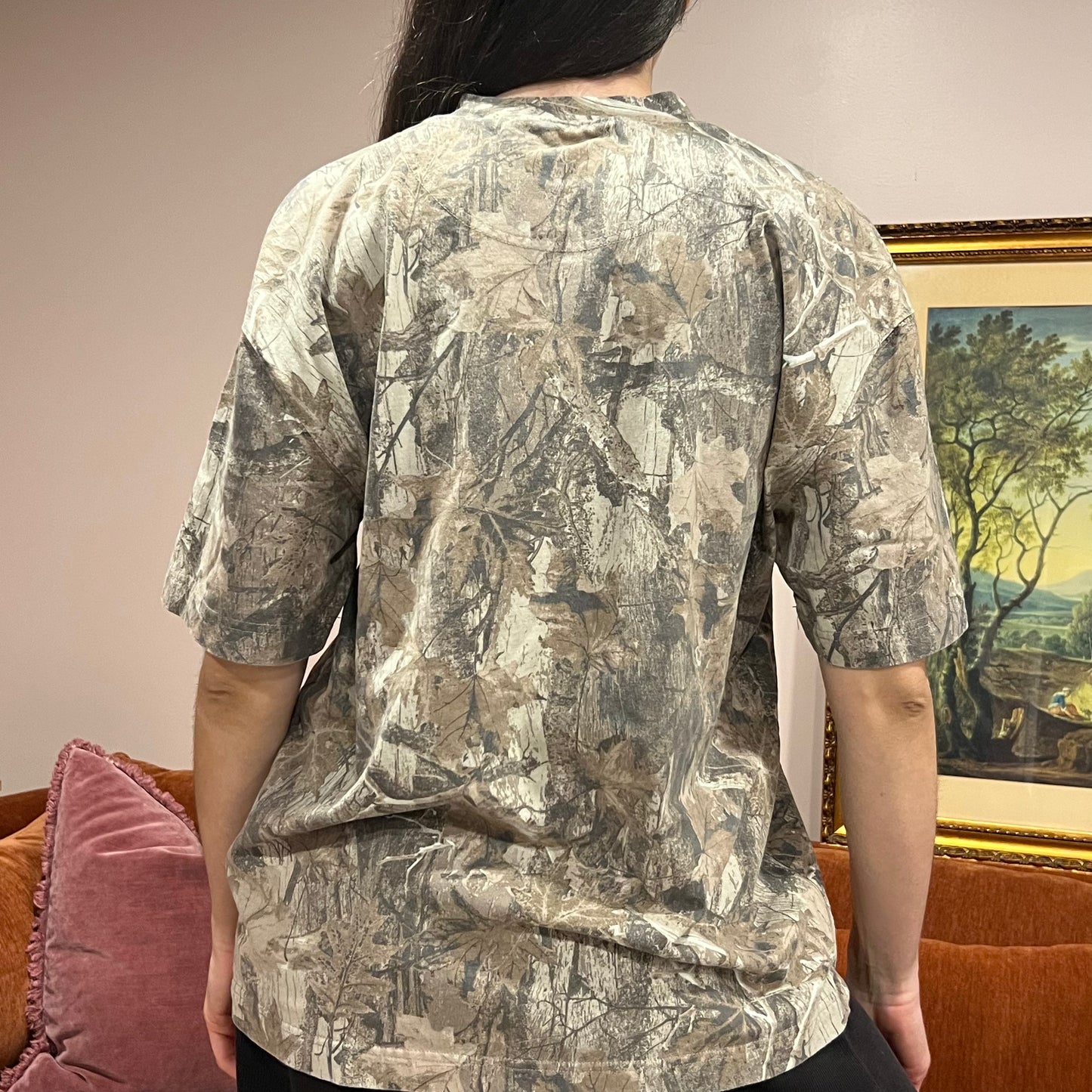 DIVORCE YOUR REPUBLICAN HUSBAND camo t-shirt with orange text (L)