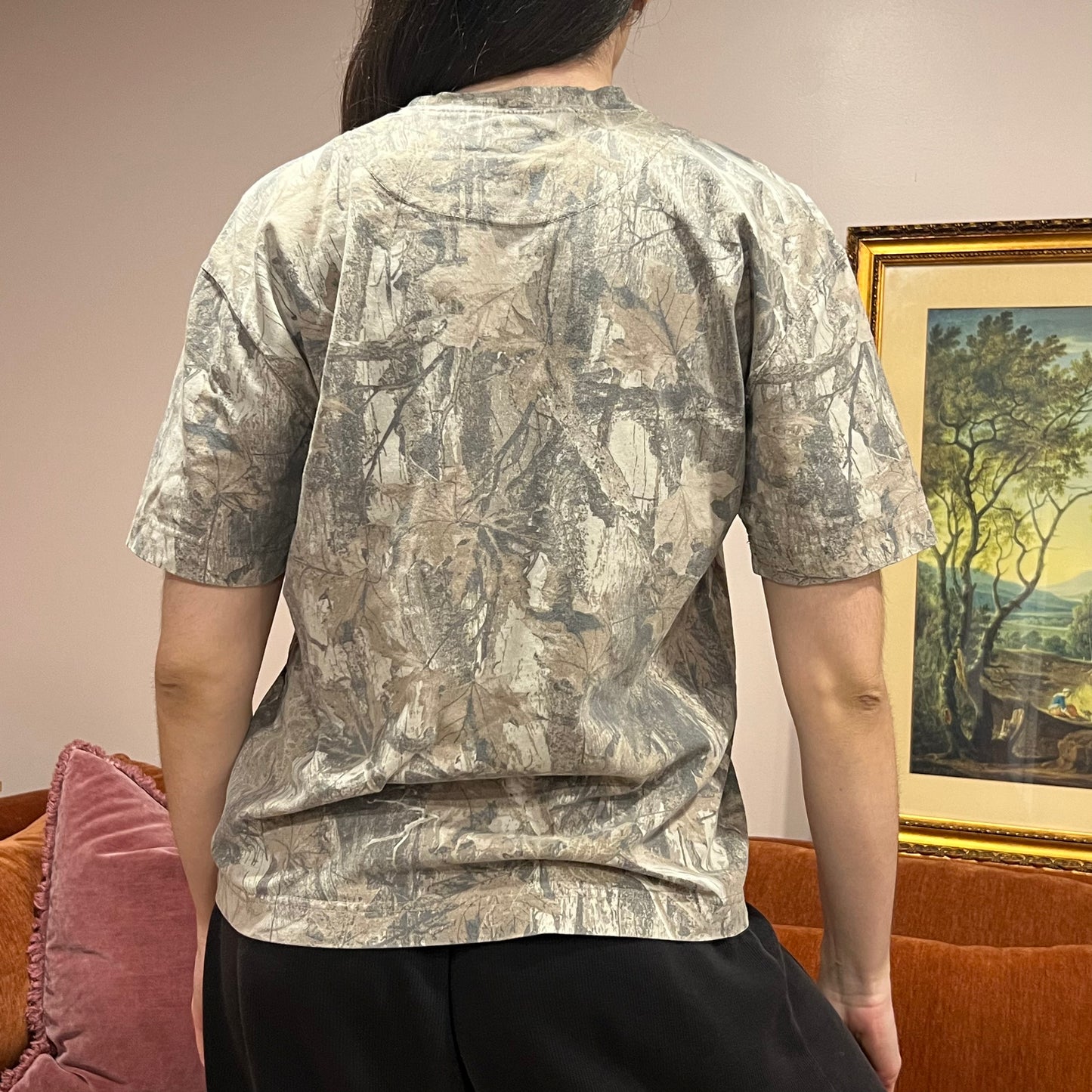 DIVORCE YOUR REPUBLICAN HUSBAND camo t-shirt with orange text (S)