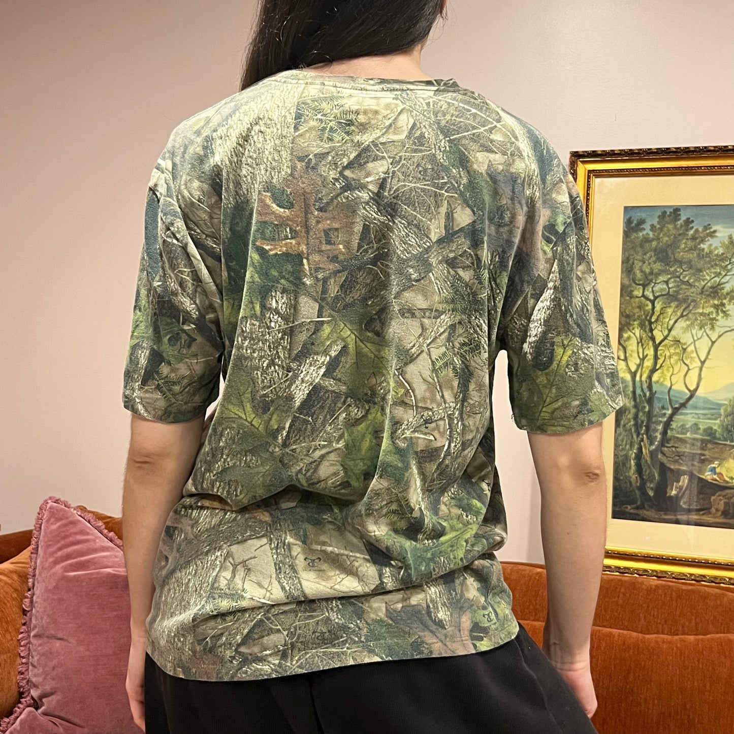 DIVORCE YOUR REPUBLICAN HUSBAND camo t-shirt with orange text (M)