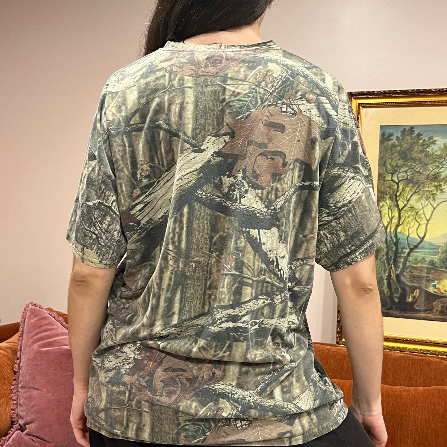 DIVORCE YOUR REPUBLICAN HUSBAND camo t-shirt with orange text (XL)