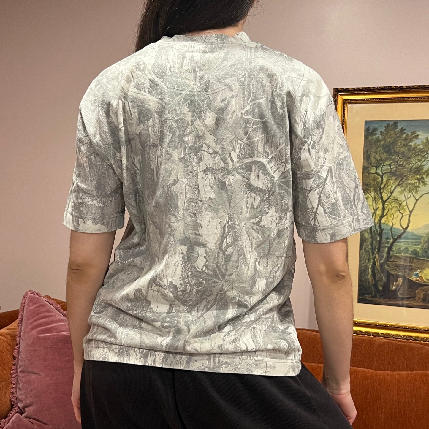 DIVORCE YOUR REPUBLICAN HUSBAND white camo t-shirt with orange text (S)