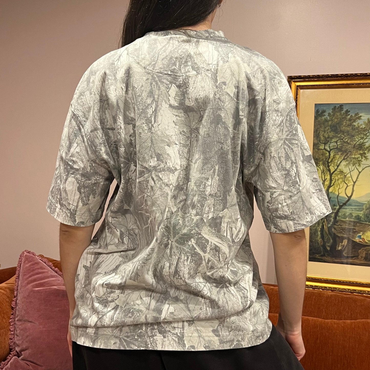 DIVORCE YOUR REPUBLICAN HUSBAND white camo t-shirt with orange text (L)