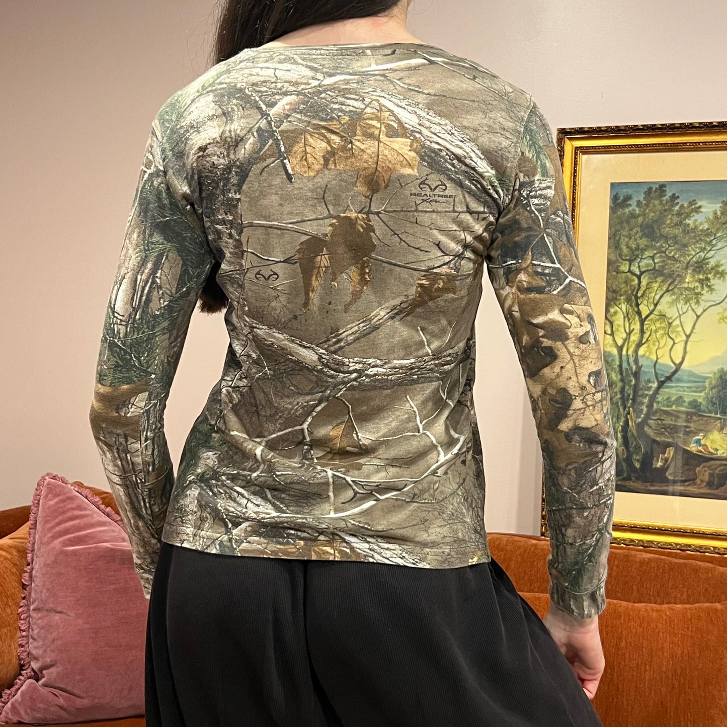 DUMP YOUR REPUBLICAN BOYFRIEND camo long sleeve t-shirt with pink text (M)