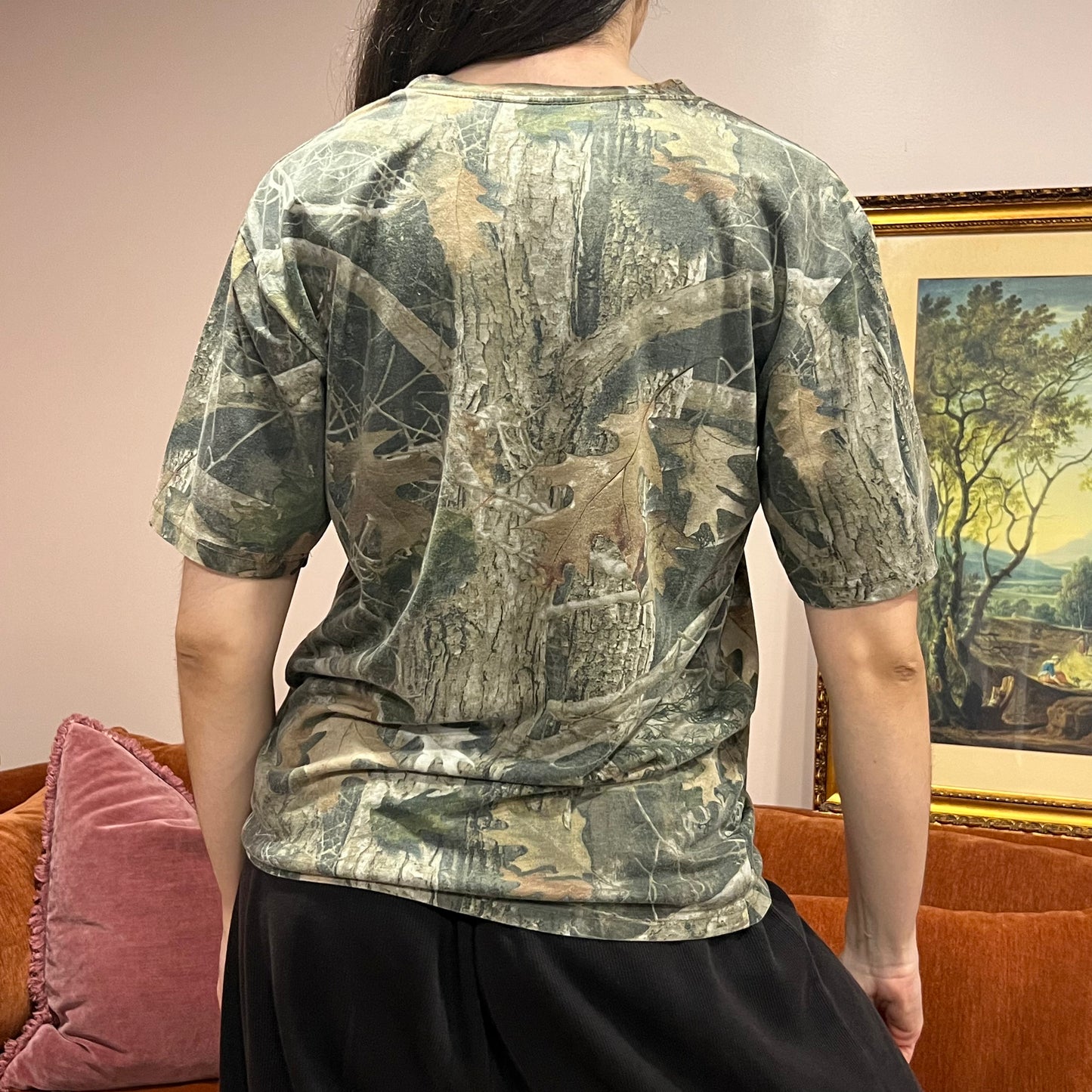 DIVORCE YOUR REPUBLICAN HUSBAND camo t-shirt with pink text (M)