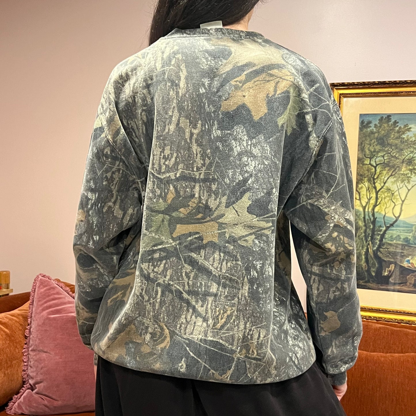 DIVORCE YOUR REPUBLICAN HUSBAND camo crewneck with pink text (XL)