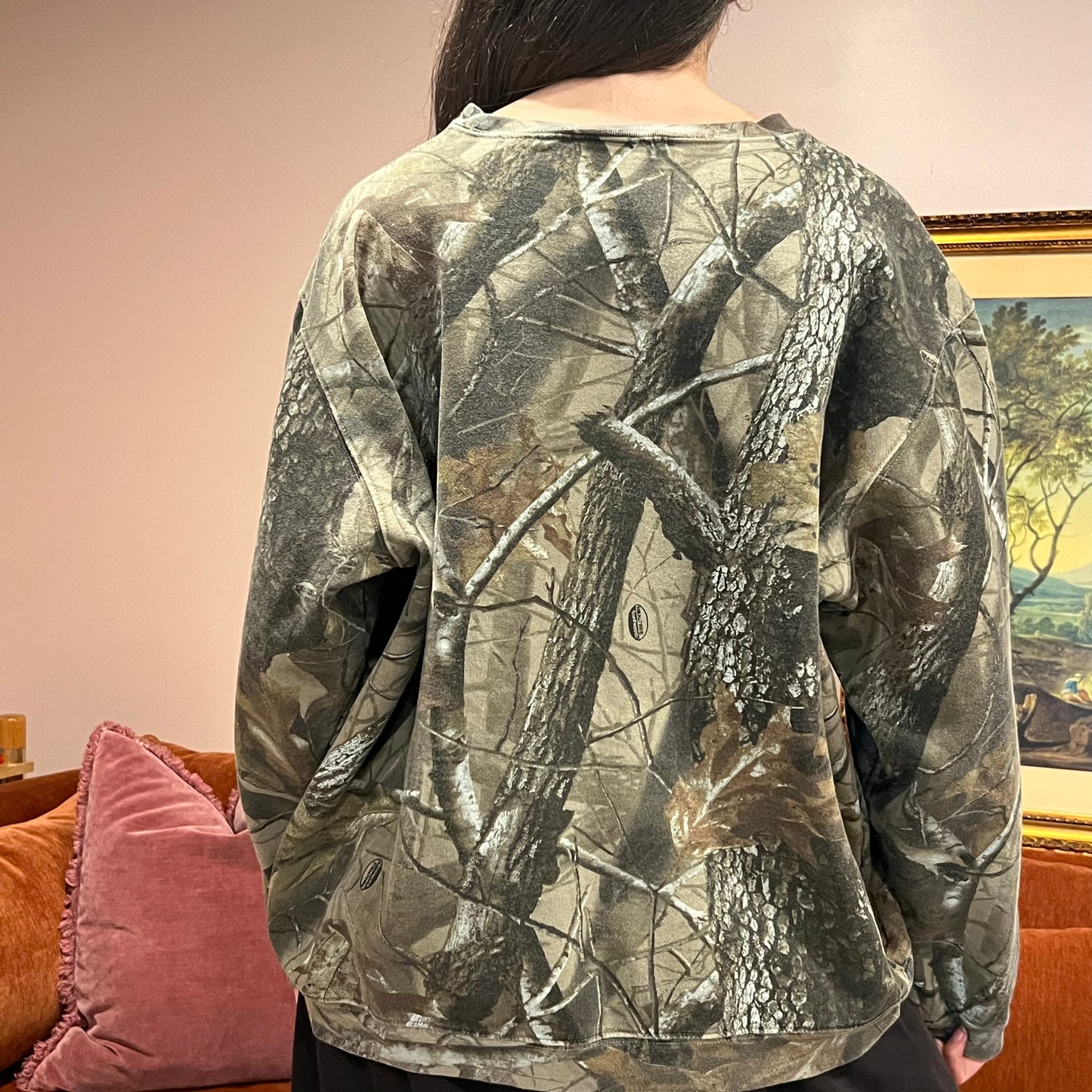 DIVORCE YOUR REPUBLICAN HUSBAND camo crewneck with orange text (XL)