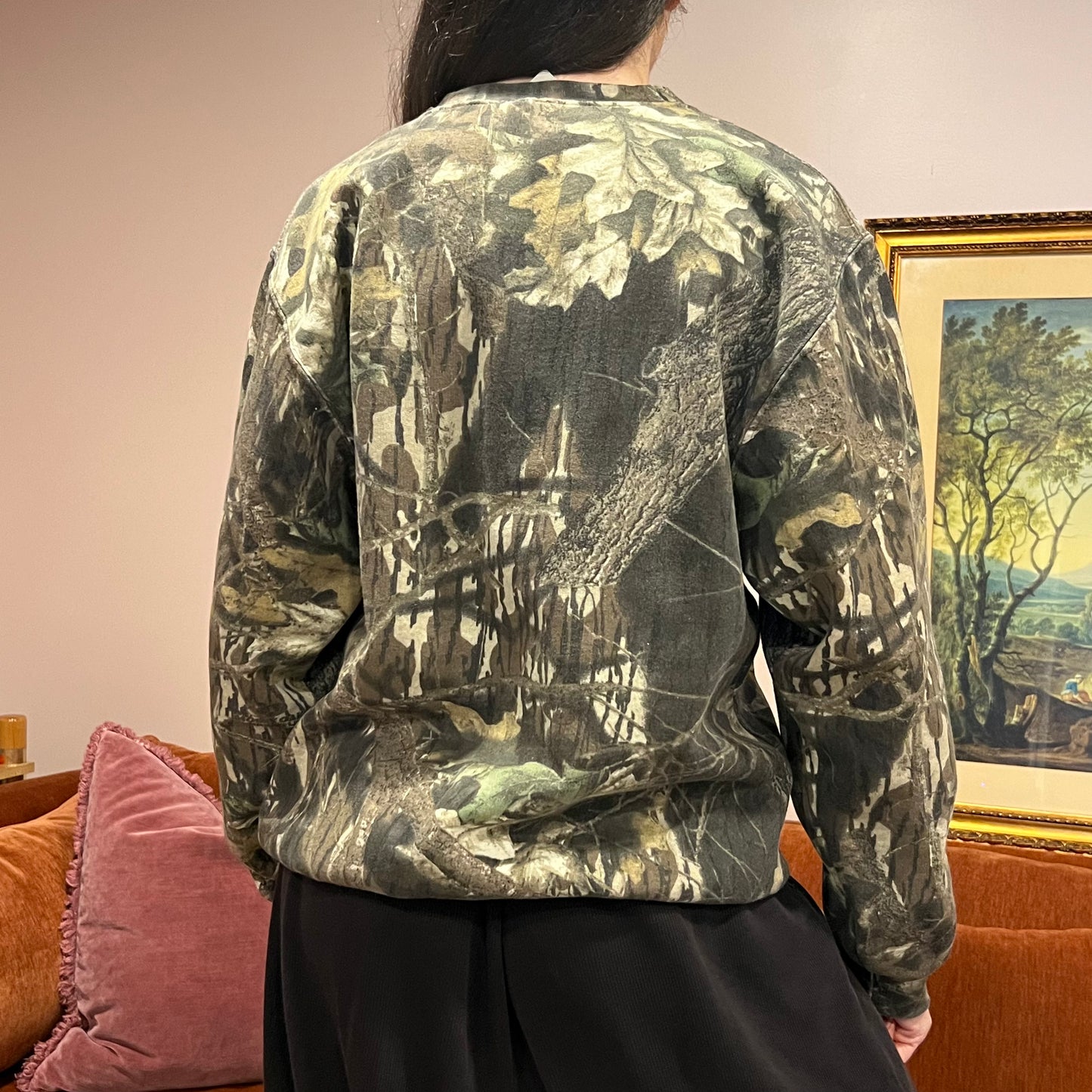 DUMP YOUR REPUBLICAN BOYFRIEND camo crewneck with orange text (M)