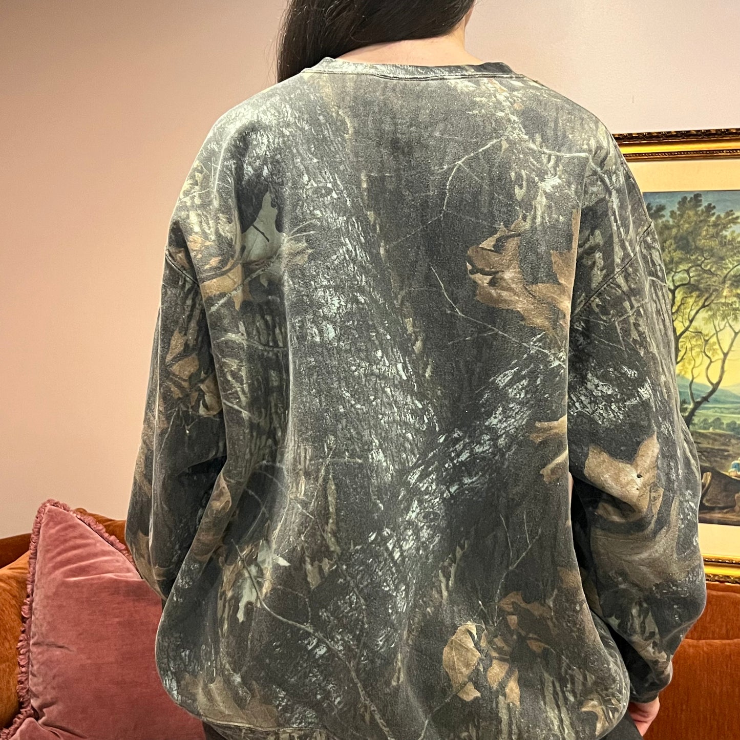 DUMP YOUR REPUBLICAN BOYFRIEND camo crewneck with pink text (XL)