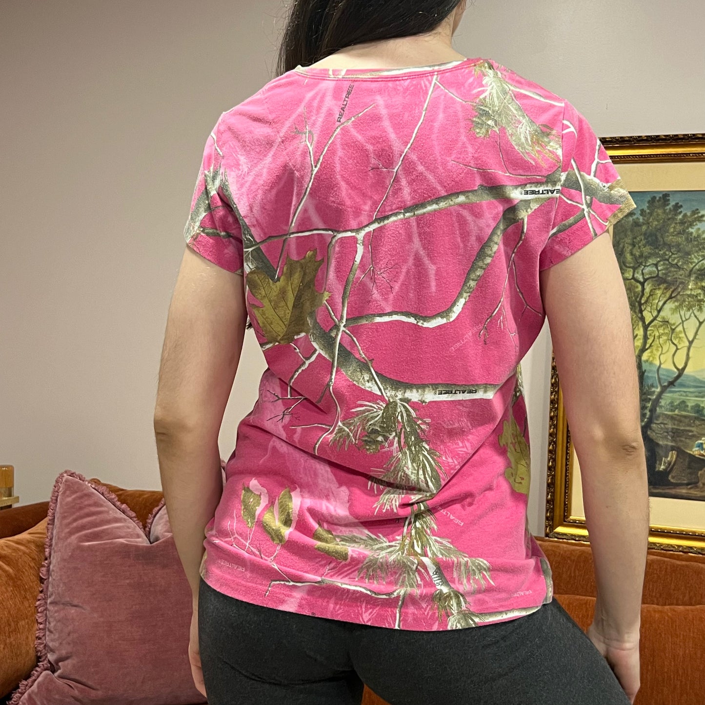 DUMP YOUR REPUBLICAN BOYFRIEND pink camo t-shirt with pink text (L)