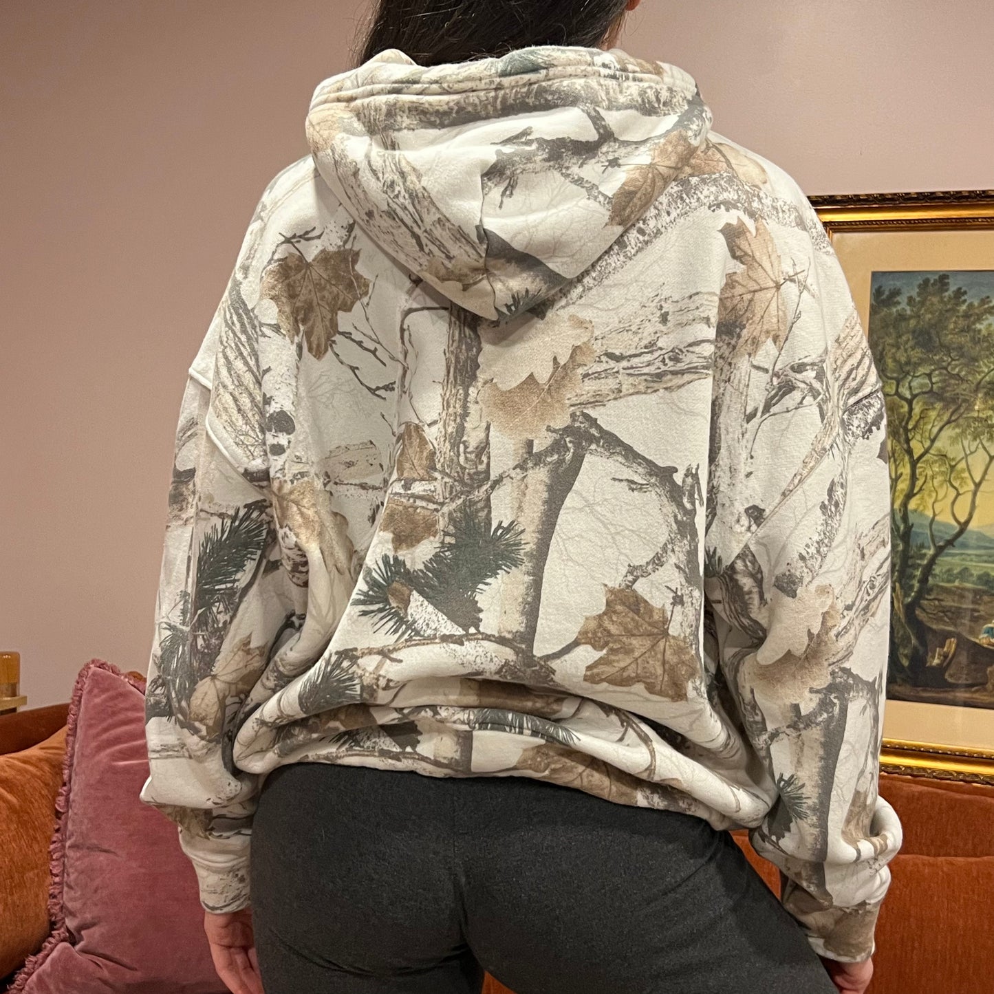 DUMP YOUR REPUBLICAN BOYFRIEND white camo hoodie with pink text (L)