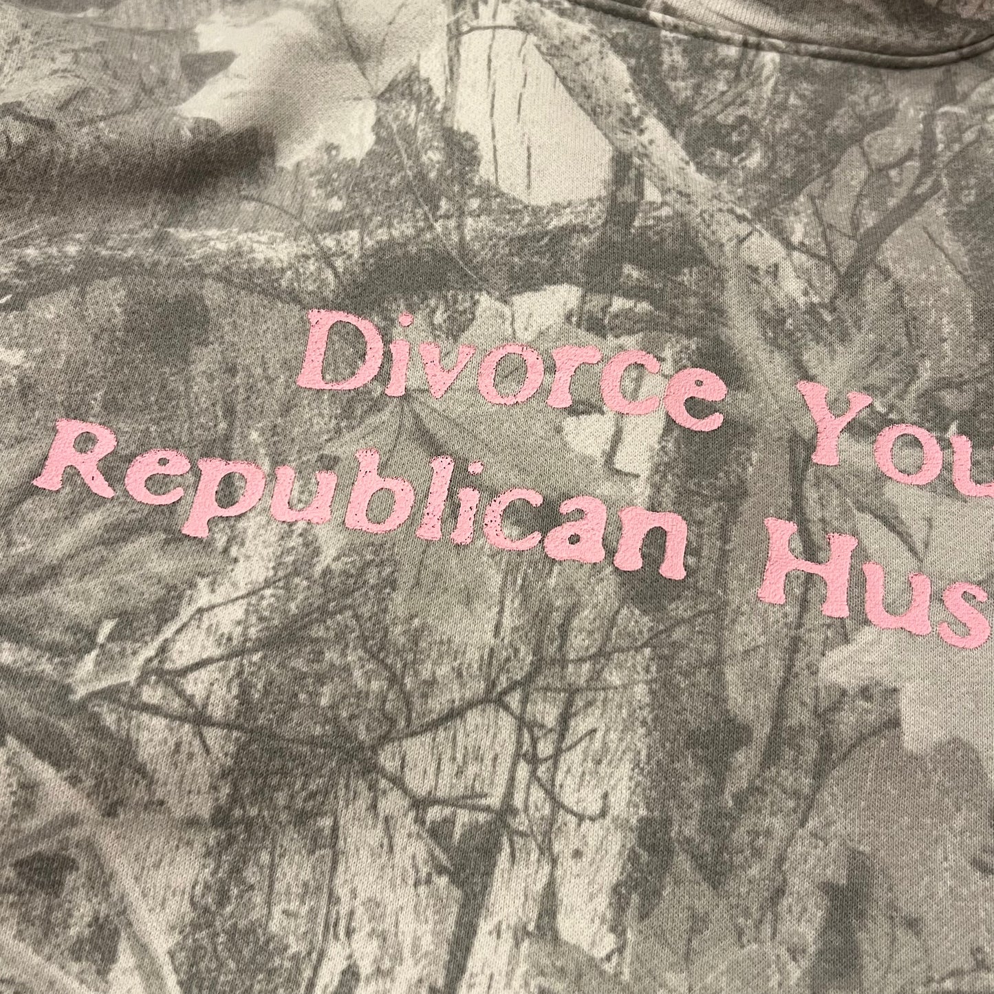 DIVORCE YOUR REPUBLICAN HUSBAND white camo crewneck with pink text (L)