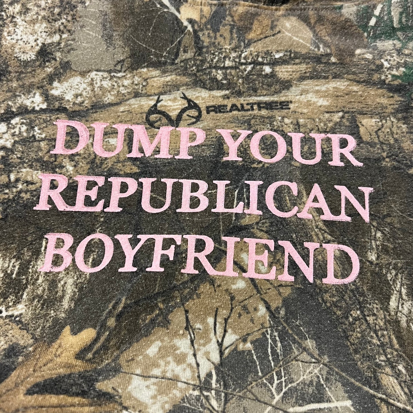 DUMP YOUR REPUBLICAN BOYFRIEND camo hoodie with pink text (XL/2XL)