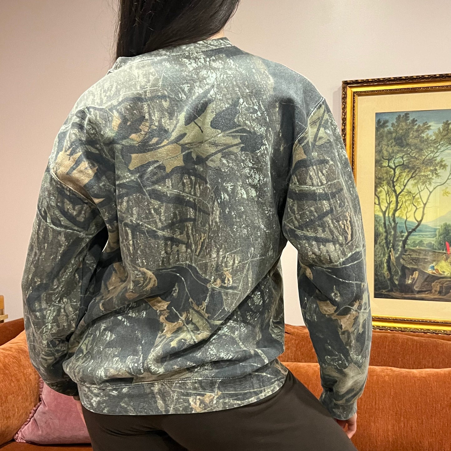 DUMP YOUR REPUBLICAN BOYFRIEND camo crewneck with pink text (M)