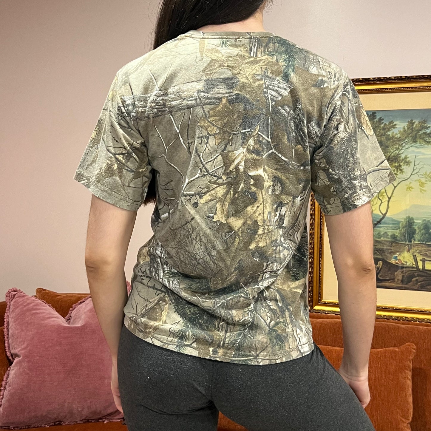 DUMP YOUR REPUBLICAN BOYFRIEND camo t-shirt with orange text (M)