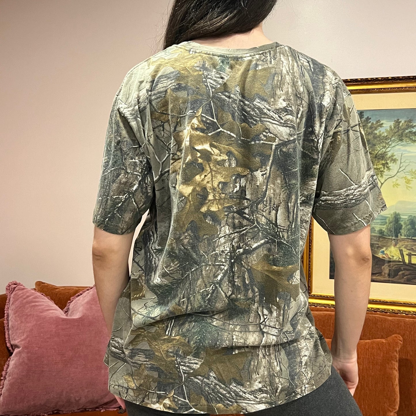 DUMP YOUR REPUBLICAN BOYFRIEND camo t-shirt with orange text (L)