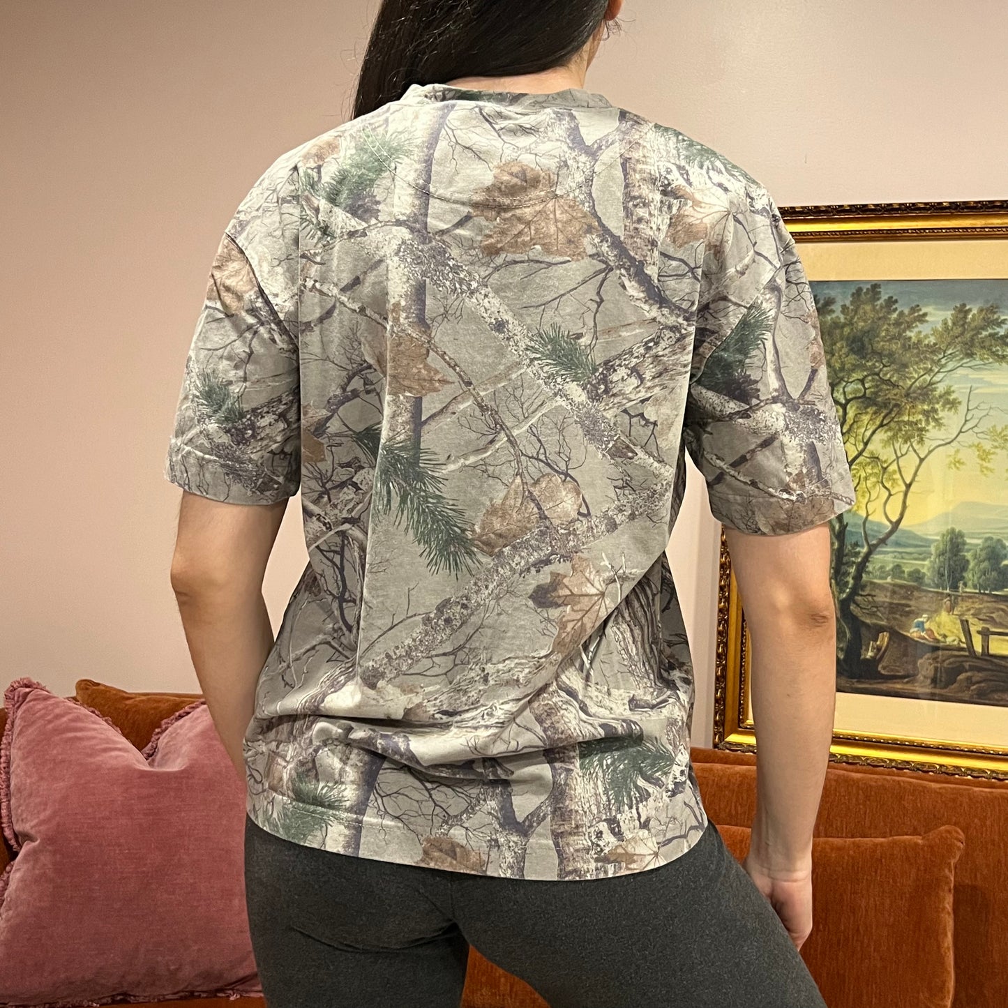 DUMP YOUR REPUBLICAN BOYFRIEND camo t-shirt with orange text (S)