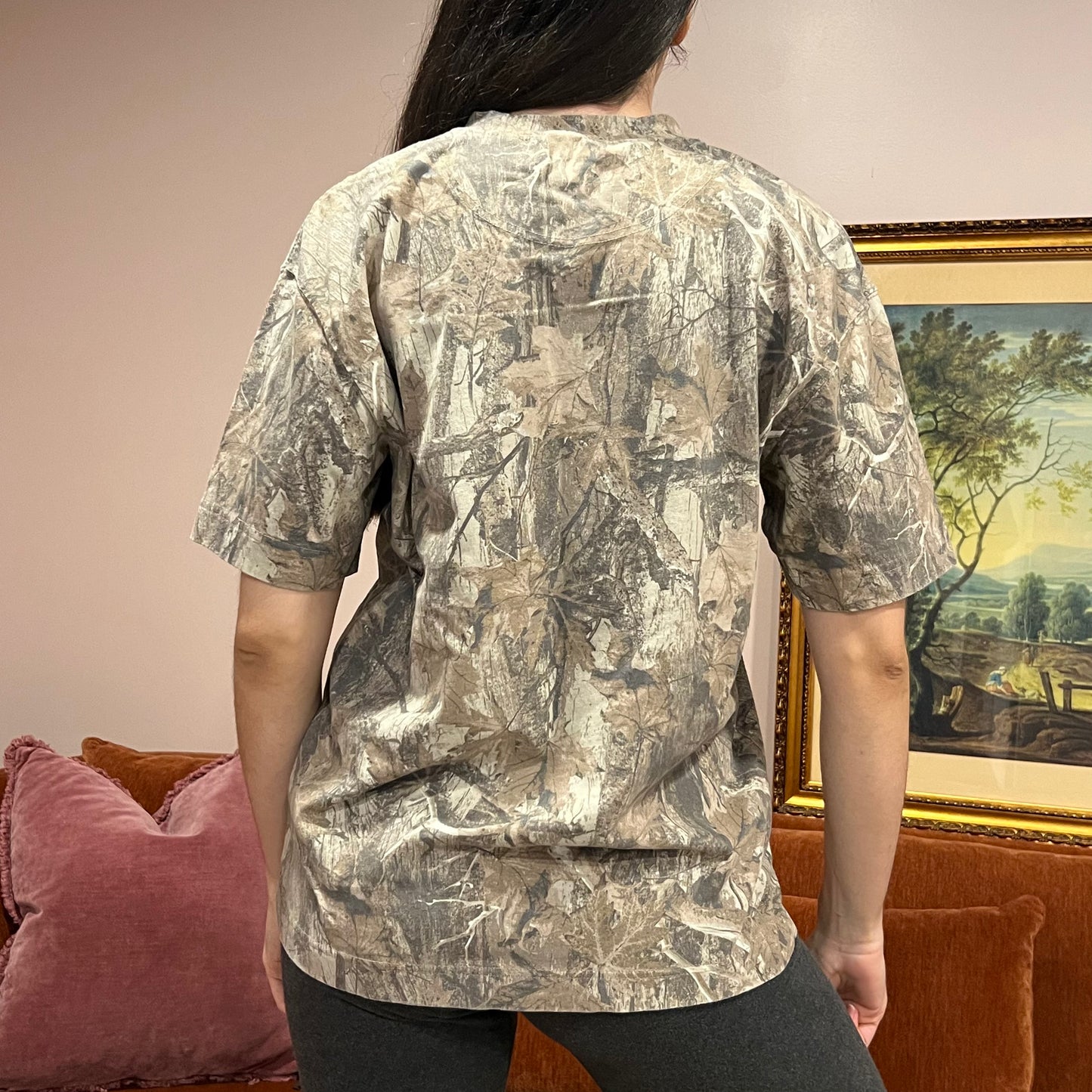 DUMP YOUR REPUBLICAN BOYFRIEND camo t-shirt with orange text (M)