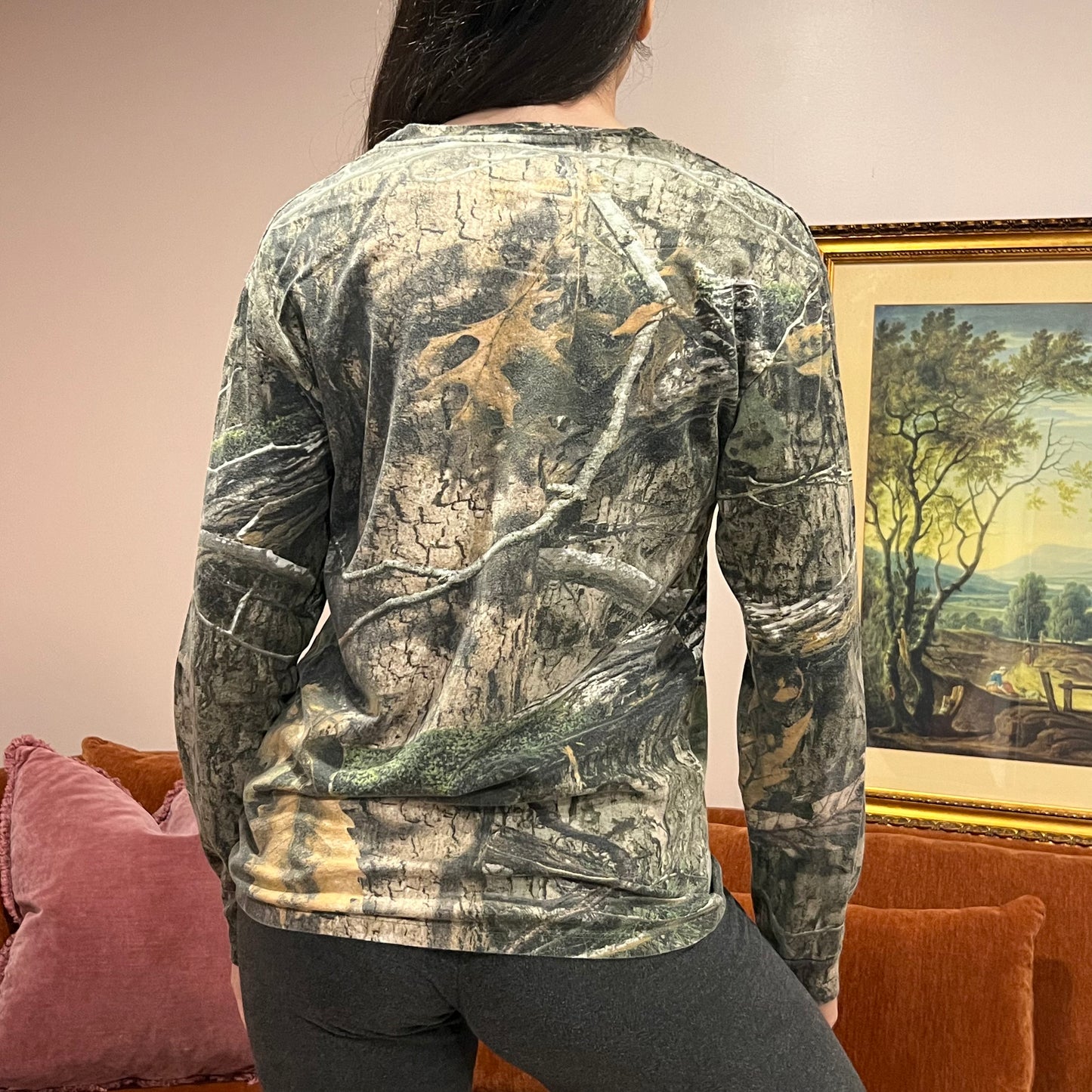 DUMP YOUR REPUBLICAN BOYFRIEND camo long sleeve t-shirt with orange text (S)