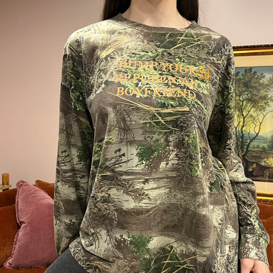 DUMP YOUR REPUBLICAN BOYFRIEND camo long sleeve t-shirt with orange text (XL)