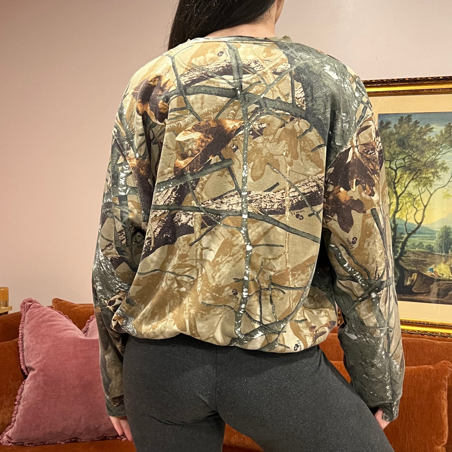 DUMP YOUR REPUBLICAN BOYFRIEND camo crewneck with orange text (L)