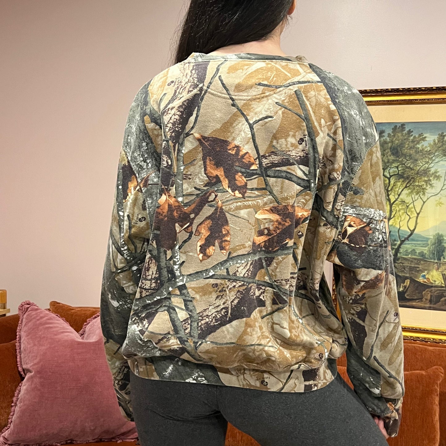 DUMP YOUR REPUBLICAN BOYFRIEND camo crewneck with orange text (L)