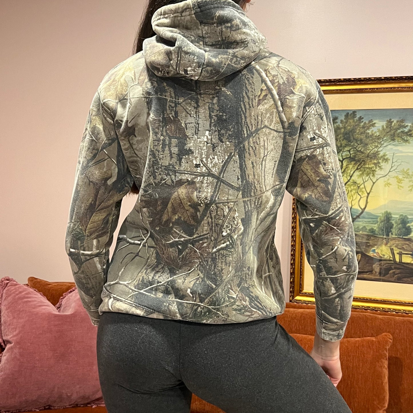 DUMP YOUR REPUBLICAN BOYFRIEND camo hoodie with orange text (S)