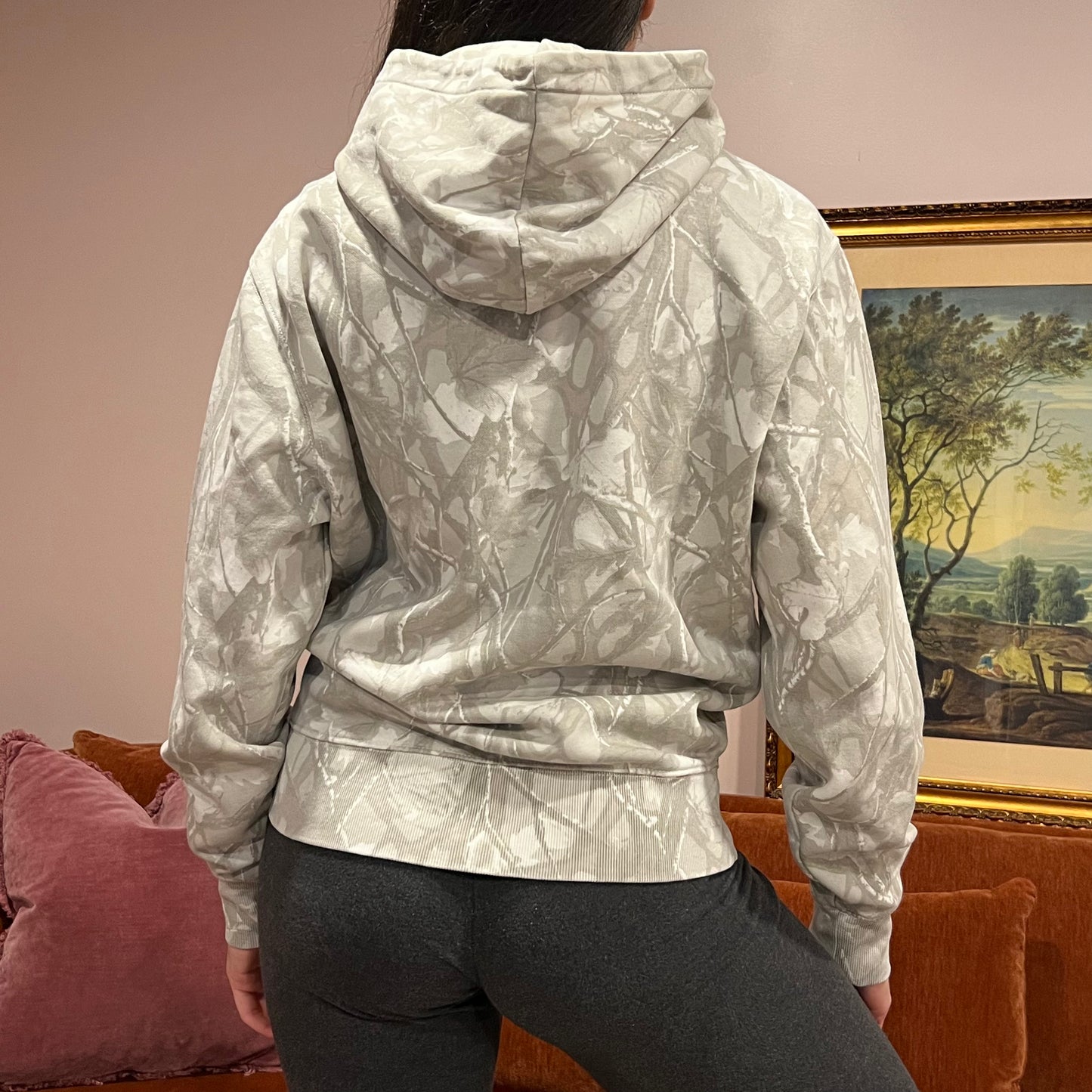 DUMP YOUR REPUBLICAN BOYFRIEND white camo hoodie with orange text (S)
