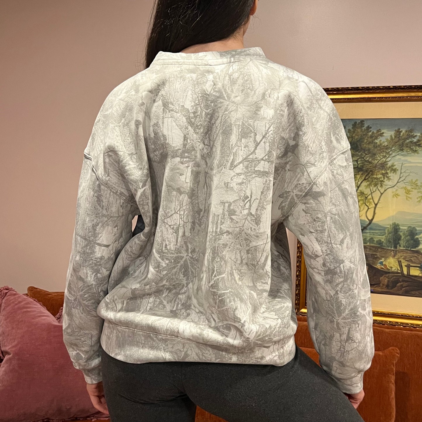 DUMP YOUR REPUBLICAN BOYFRIEND white camo crewneck with orange text (S)