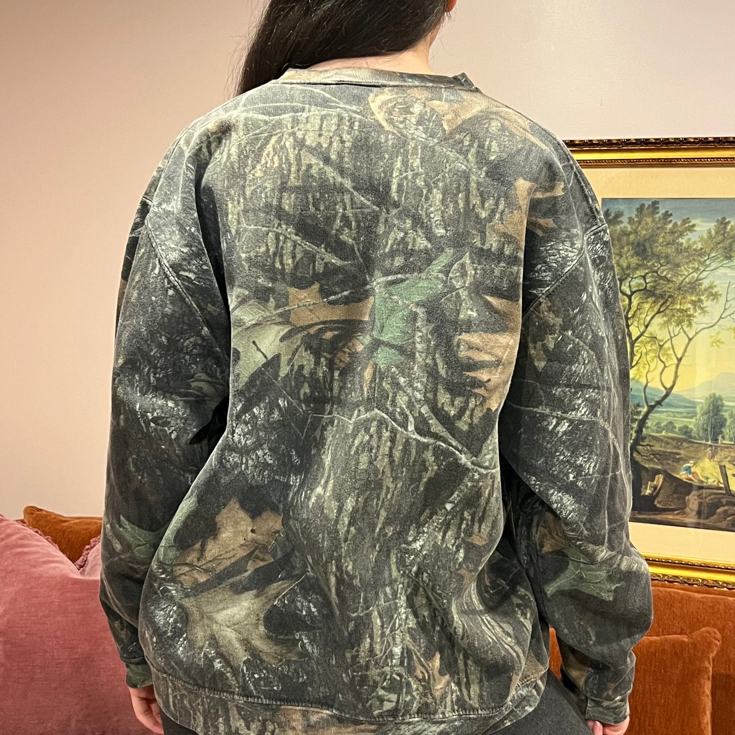 DUMP YOUR REPUBLICAN BOYFRIEND camo crewneck with orange text (XL)