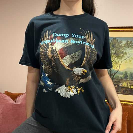 DUMP YOUR REPUBLICAN BOYFRIEND eagle t-shirt with blue text (L)