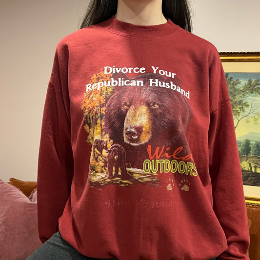 DIVORCE YOUR REPUBLICAN HUSBAND bear crewneck with white text (XL)