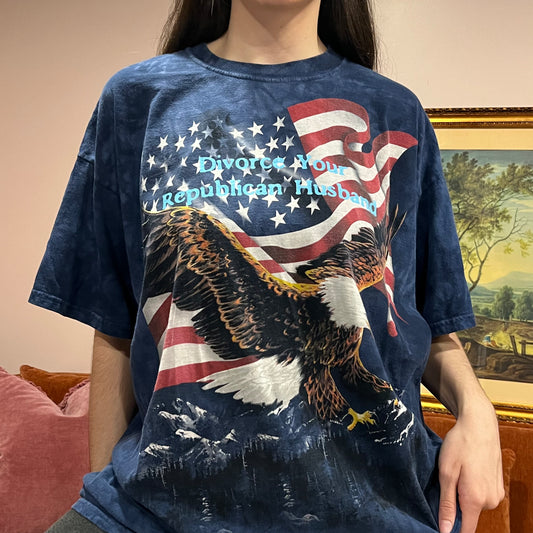 DIVORCE YOUR REPUBLICAN HUSBAND eagle t-shirt with blue text (2XL)
