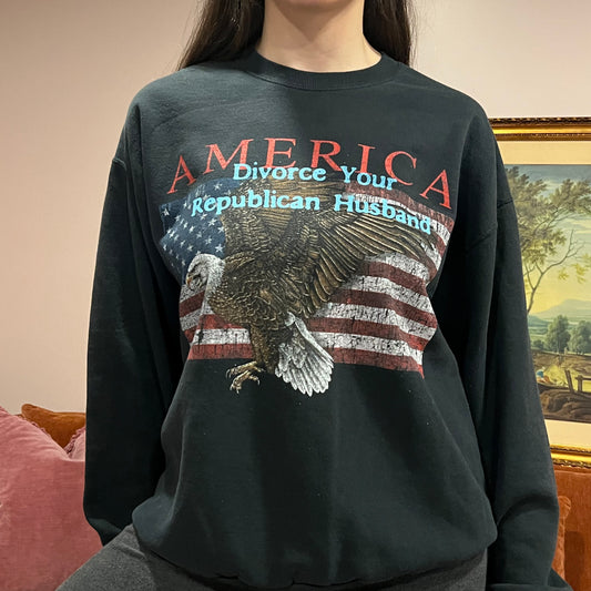 DIVORCE YOUR REPUBLICAN HUSBAND eagle crewneck with blue text (L)