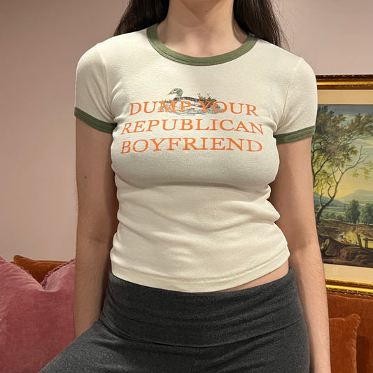 DUMP YOUR REPUBLICAN BOYFRIEND duck t-shirt with orange text (M)