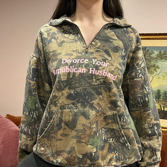 DIVORCE YOUR REPUBLICAN HUSBAND camo zip-up with pink text (XL)