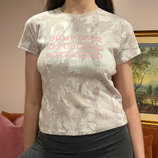 DUMP YOUR REPUBLICAN BOYFRIEND white camo t-shirt with pink text (L)