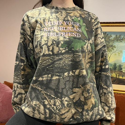 DUMP YOUR REPUBLICAN GIRLFRIEND camo crewneck with pink text (3XL)