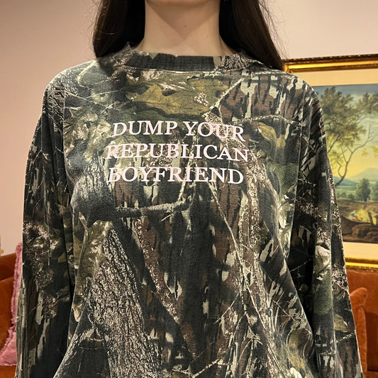 DUMP YOUR REPUBLICAN BOYFRIEND camo long sleeve t-shirt with pink text (XL)