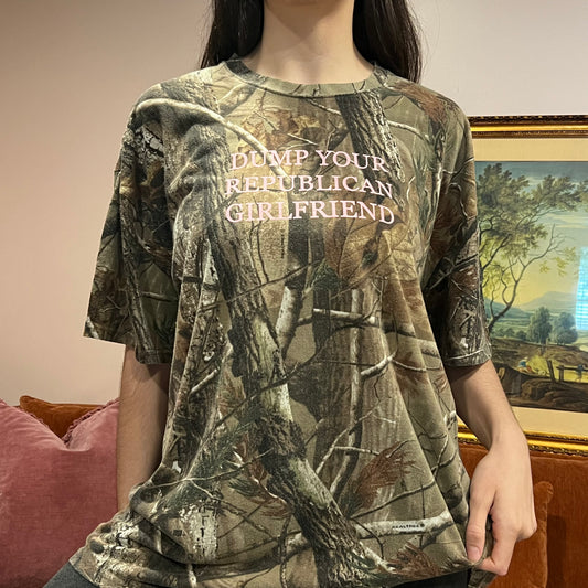 DUMP YOUR REPUBLICAN GIRLFRIEND camo t-shirt with pink text (2XL)