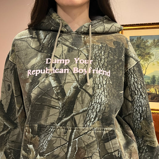 DUMP YOUR REPUBLICAN BOYFRIEND camo hoodie with pink text (L)