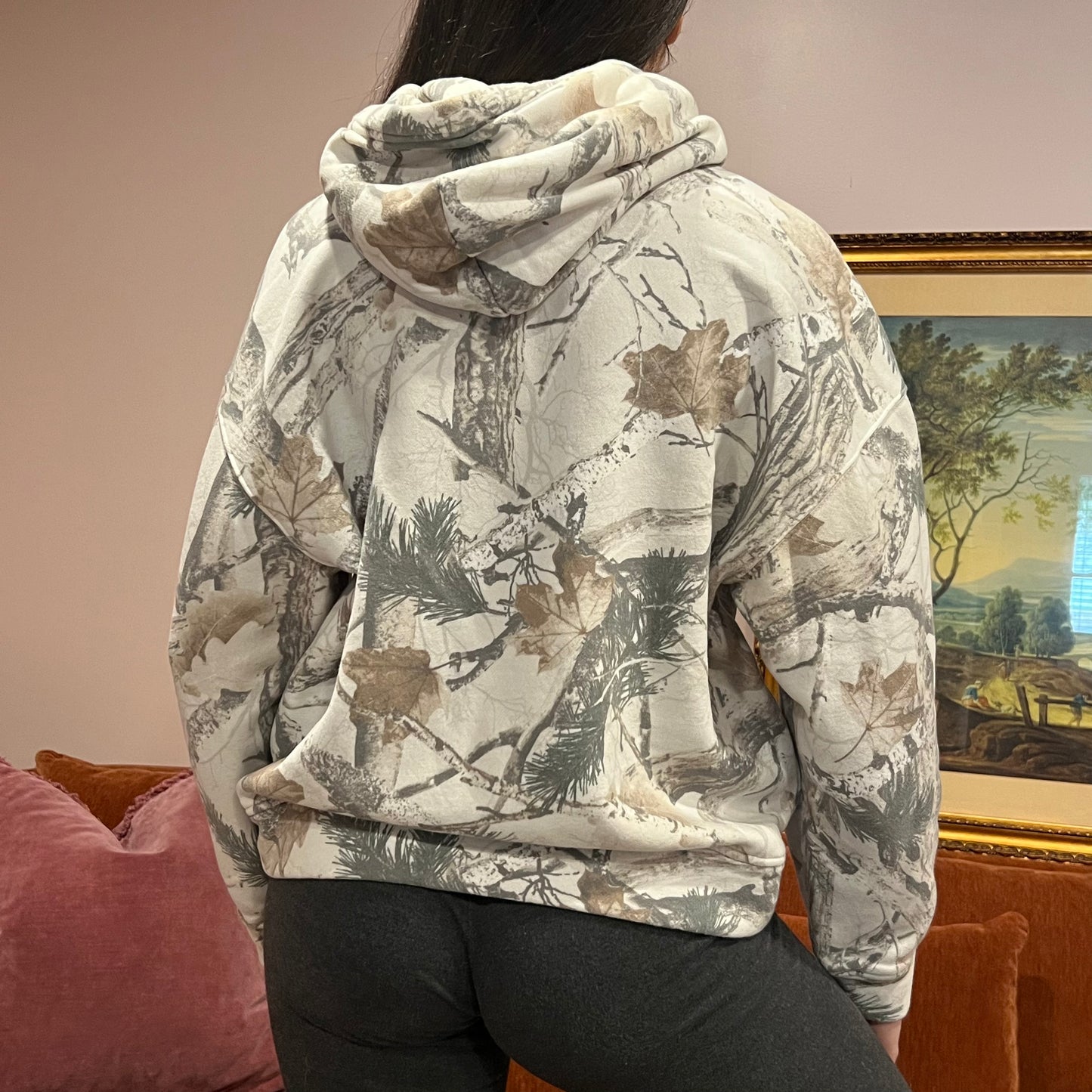 DUMP YOUR REPUBLICAN GIRLFRIEND white camo hoodie with pink text (S)