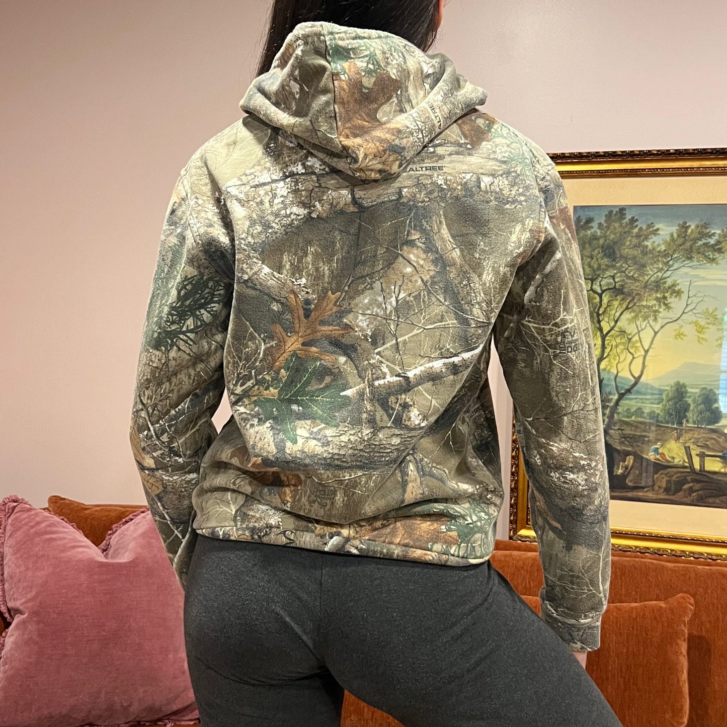 DUMP YOUR REPUBLICAN BOYFRIEND camo hoodie with pink text (S)